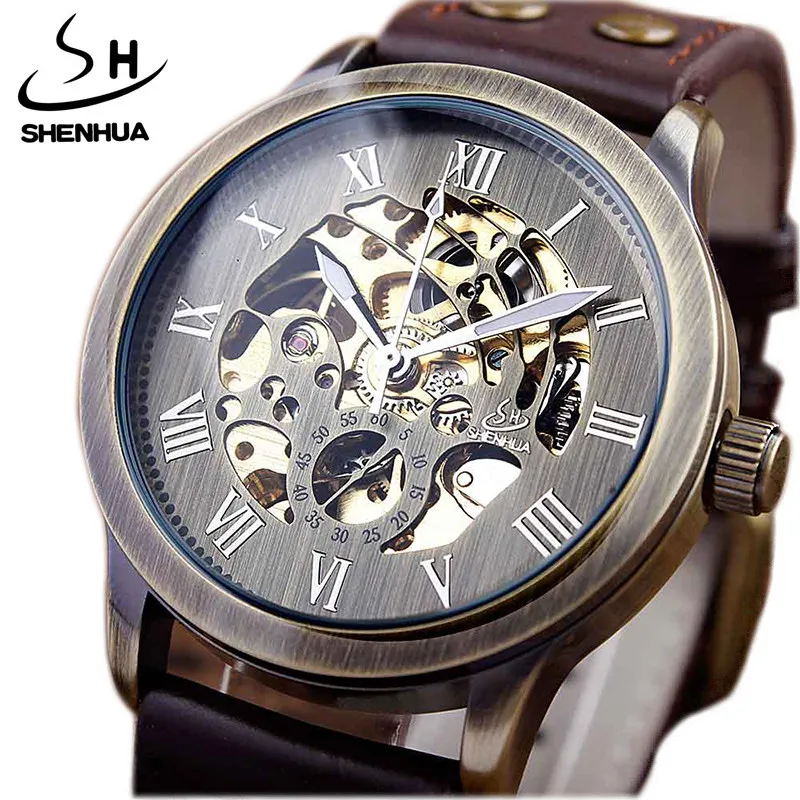 

Top Brand Mechanical Watches Male Fashion SHENHUA Skeleton Automatic Mechanical Watch Leather Wristwatch Reloj Hombre, 5 colors