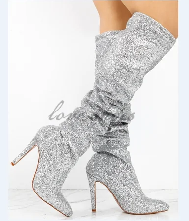 silver glitter knee high boots