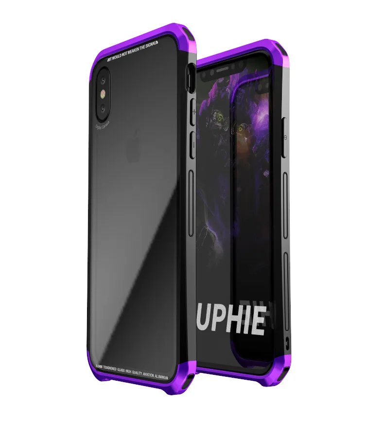 LUPHIE DOUBLE DRAGON Aluminum Hard Metal Bumper Case For iPhone 6 7 8 X Clear 9H Tempered Glass Cover For iPhone XR XS Max  Case