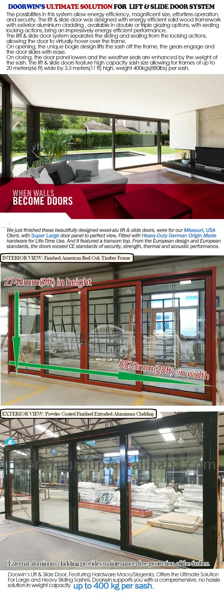 20% discount soundproof triple glaze heavy duty solid wood exterior Lift and Sliding entrance doors