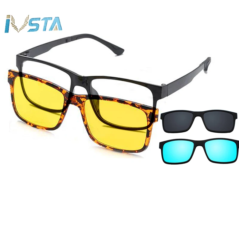 

IVSTA 5 in 1 Clip On Sunglasses Mganet Glasses Frame TR90 Polarized Square Prescription Myopia Sunglasses Men Dropshipping 1641, N/a