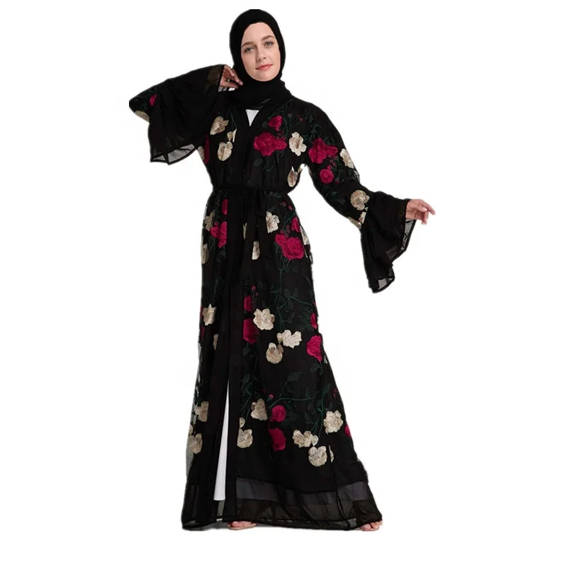 

2019 hot sale fashion flare sleeves abaya flower full embroidery dubai open abaya dress, Black ,wine red