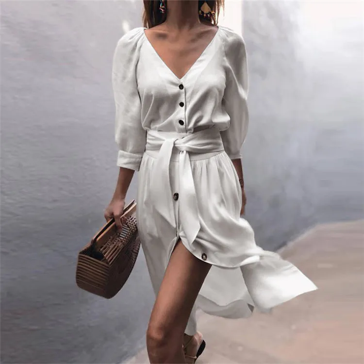 

Q2663 Trendy Three Quarter Sleeve Front Button Women Summer Dress