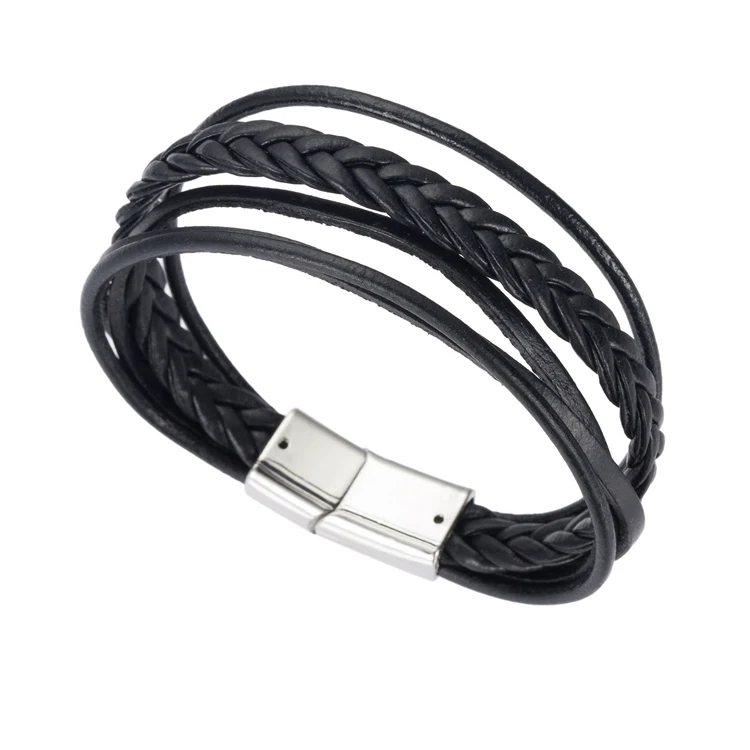 

personalized custom wholesale stainless steel buckle stylish vintage black genuine leather unisex bracelet jewelry man, Black, brown