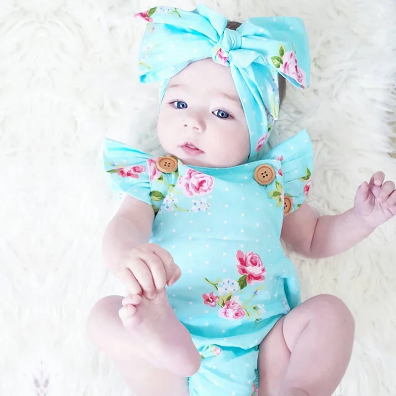 

Newborn Infant Girls Cotton Flutter Romper Headband Set Floral Mint Dot Button Baby Bodysuit Sunsuit, Yellow;pink
