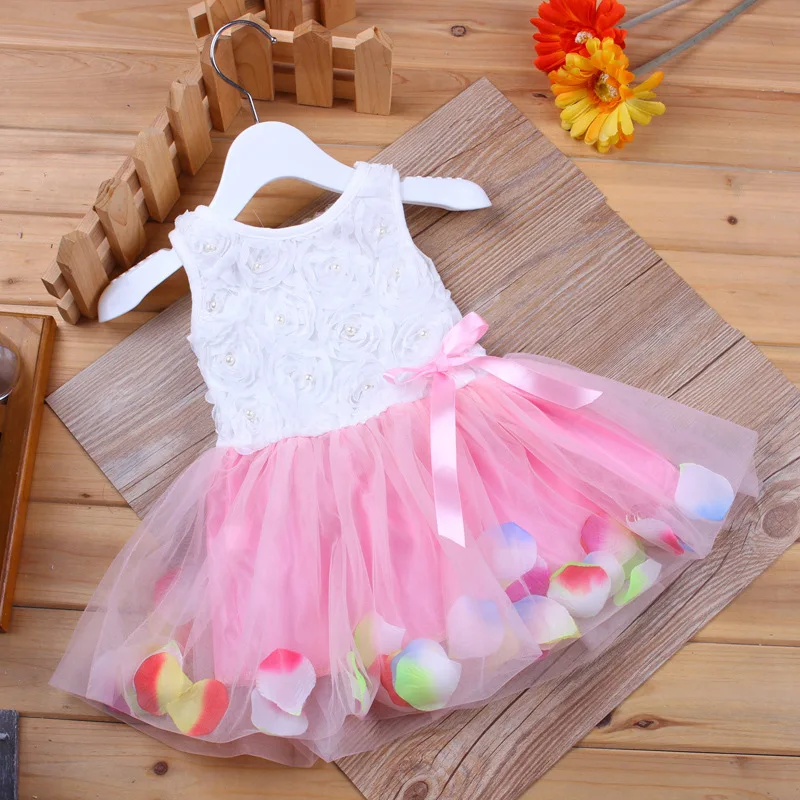 

Fancy Baby Clothes Flower Pearl Party Dress For New Born Girl 2 Years Stylish Frocks WIth Petal