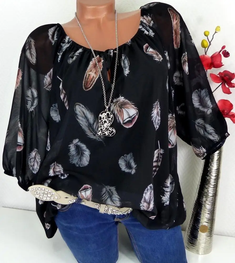 

5XL Plus Large Size Womens Blouses Summer Leisure White Loose Feather Print Blouse, Black, pink, white, navy blue, army green
