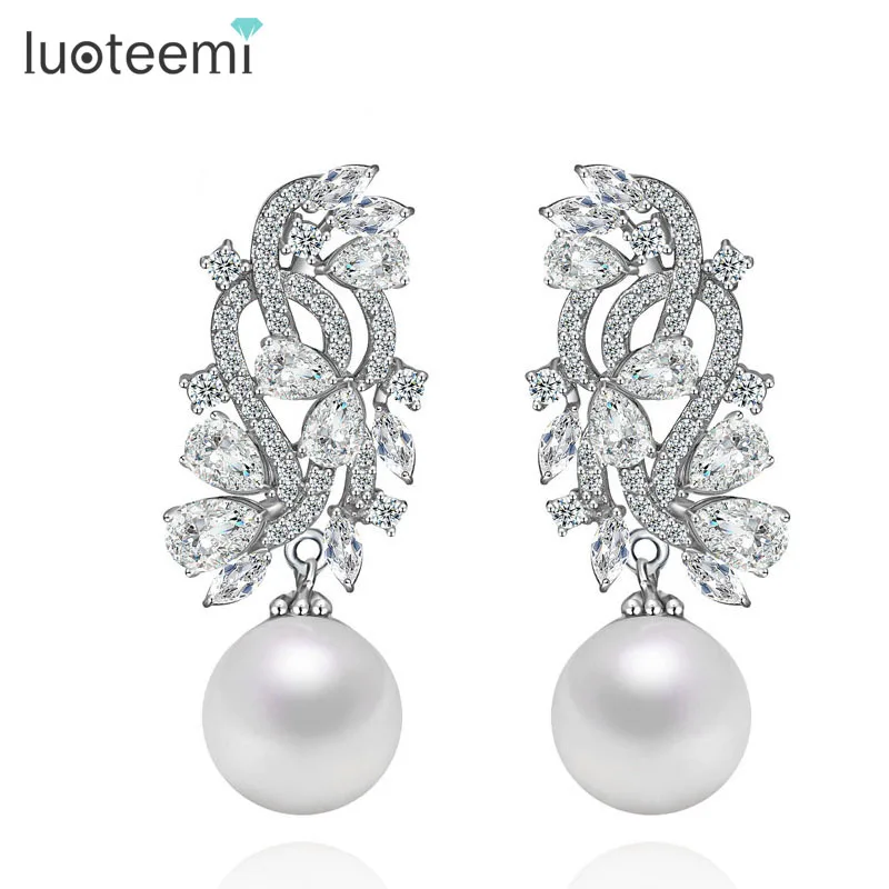 

LUOTEEMI Wholesale Women New Unique Design Fashion Bridal Noble Wedding Party White Pearl Jewelry Rhodium White Gold Earrings