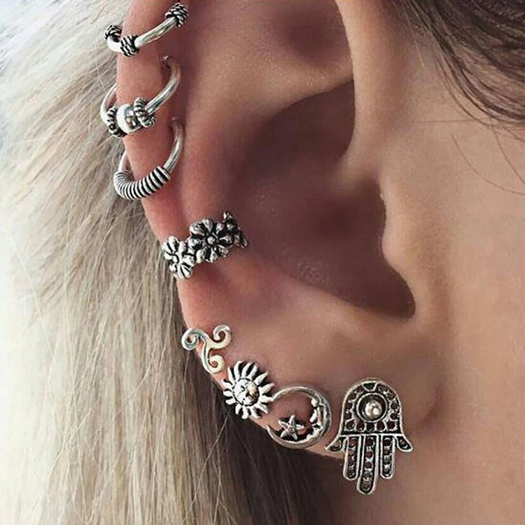 

Punk Style Silver Earring Sets Ethnic Bohemia Ear Clip Stud Earrings Set For Women Moon Sun Hand Earrings Wholesale (KES051), Same as the picture