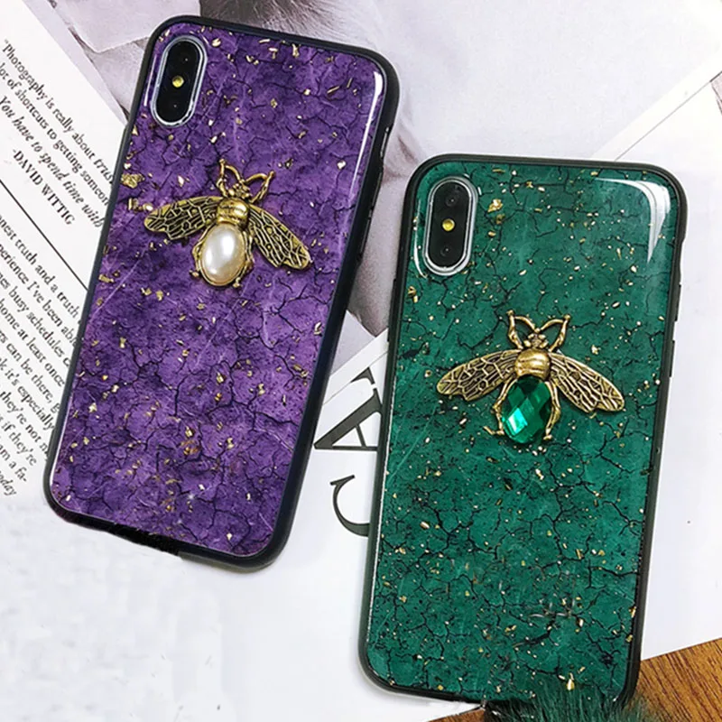 

Luxury Vintage Diamond Bee Marble Phone Case for iPhone 7 8 Cover for iPhone 6 Plus X XR XS MAX Cases Glitter Silicone Coque