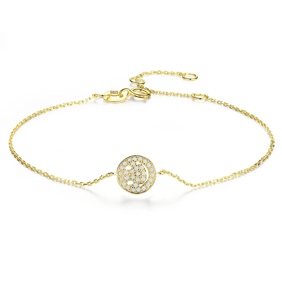 

100% 925 Sterling Silver Gold-color Adjustable Chain Bracelet with Sparkling CZ Crystal Round Charm Bracelet Women Jewelry
