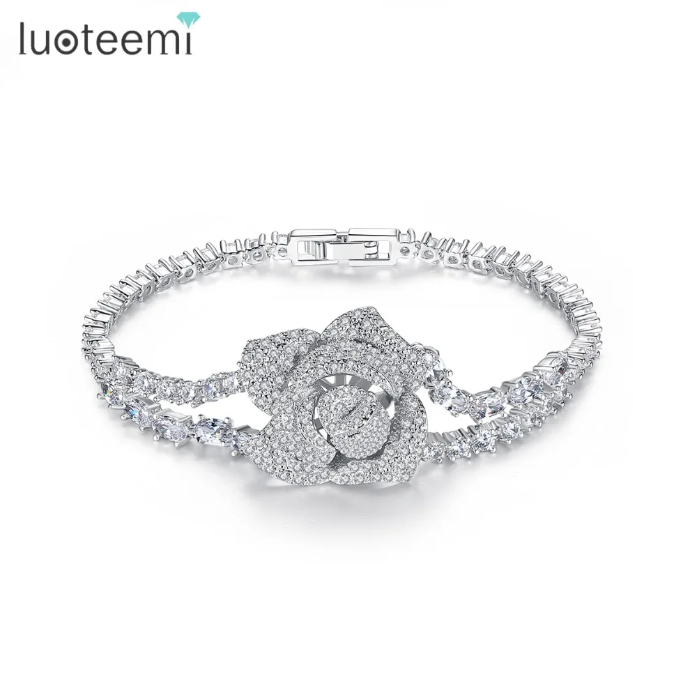 

LUOTEEMI Luxury Big Rose Flower Chain Link Luxury Bracelet for Women Ladies Shining AAA Cubic Zircon Crystal Jewelry Gift Bangle, N/a