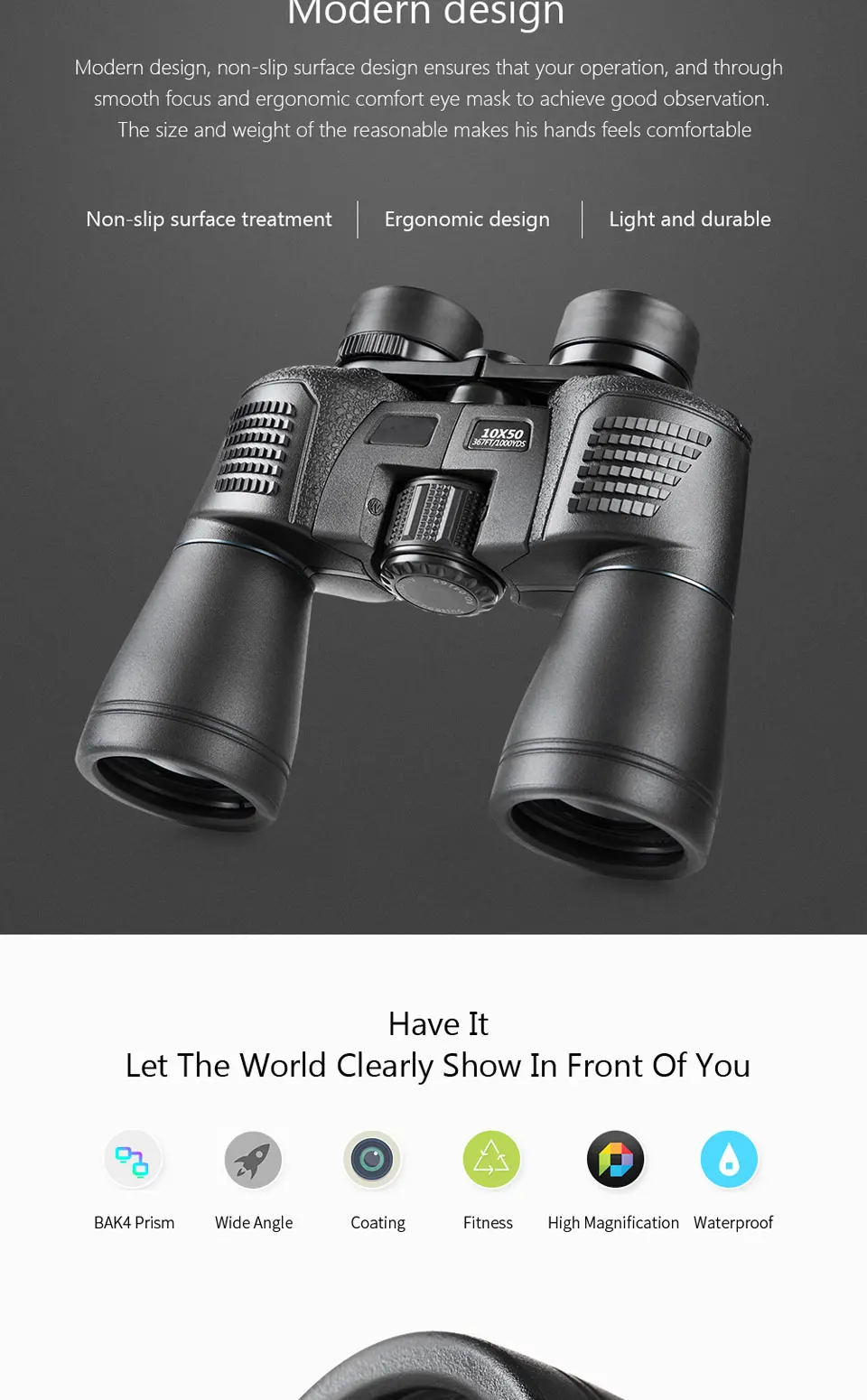 High quality high magnification wide range binoculars 10x50