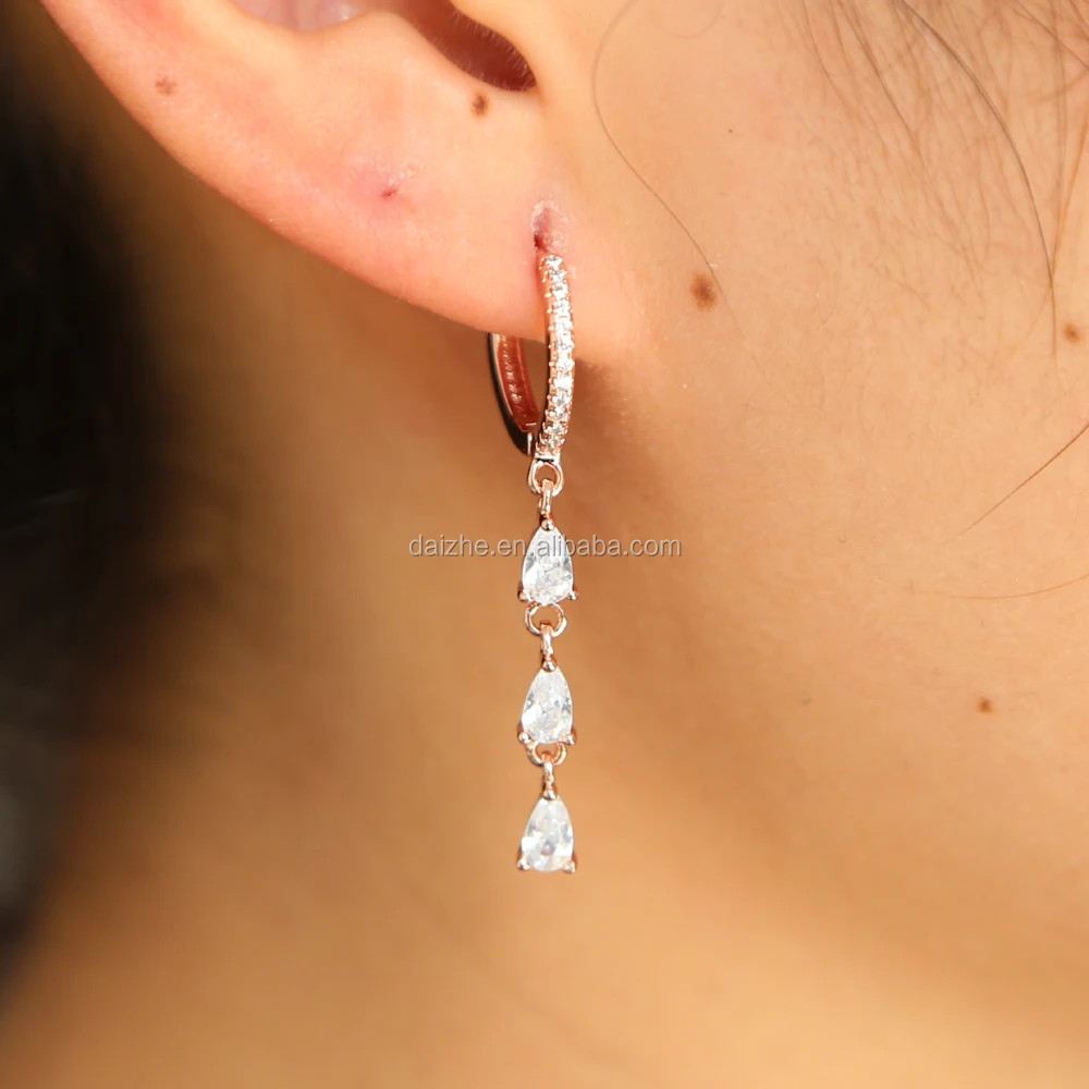 

2021 newest cheap 925 silver sterling long bezel cz long chain earring with brass triangle cz chain dangle earring