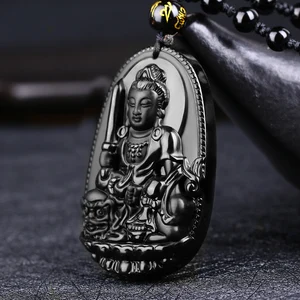 Spot supply !!!Classical Manjusri Bodhisattva Necklace Black Obsidian gemstone Carving Buddha Lucky Amulet Pendants Jewelry