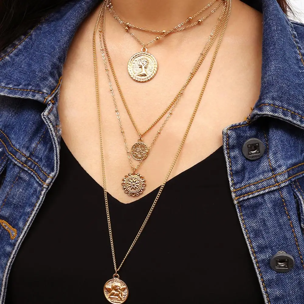 

Fashion Coin Queen Jewelry Female Statement Fashion Collar Necklaces Multilayer Long Chain Pendant Choker Necklace, Gold/silver