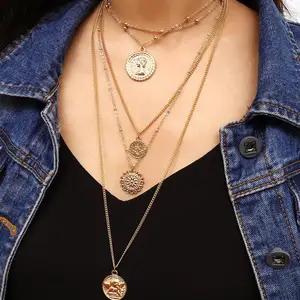 Fashion Coin Queen Jewelry Female Statement Fashion Collar Necklaces Multilayer Long Chain Pendant Choker Necklace
