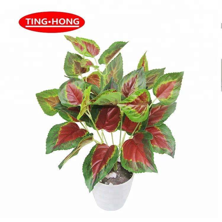 

decorations green artificial PE Perilla foliage leaves bonsai plant, Red with green