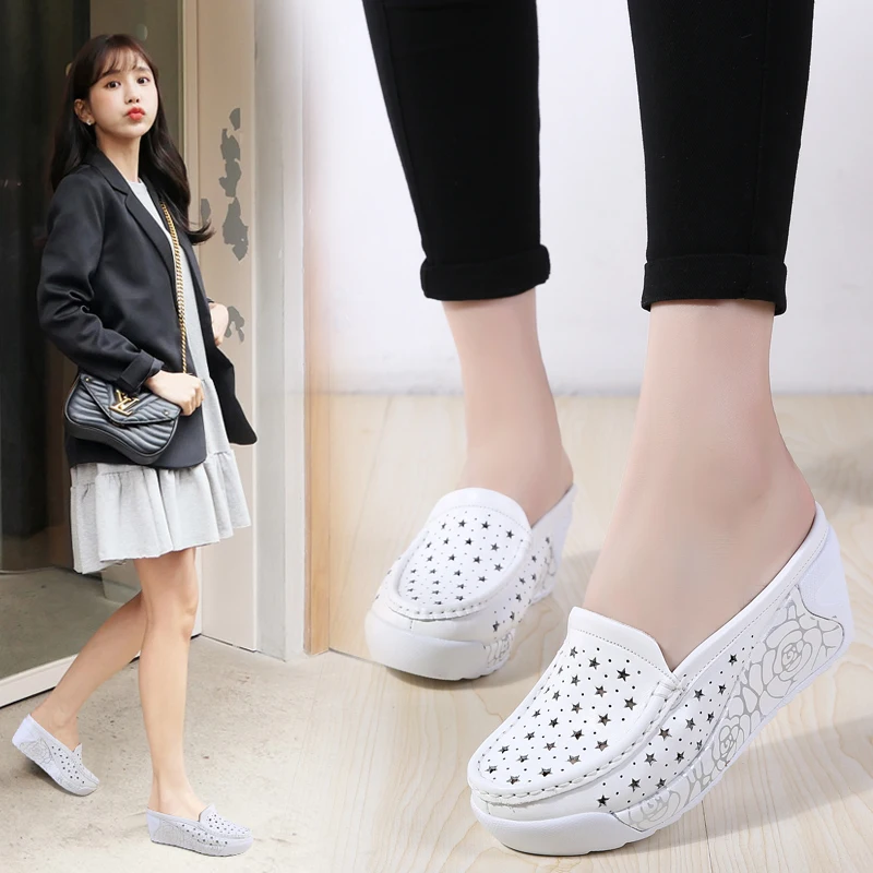 
Fashion design breathable hollow leather platform flat wedge shoes for women 