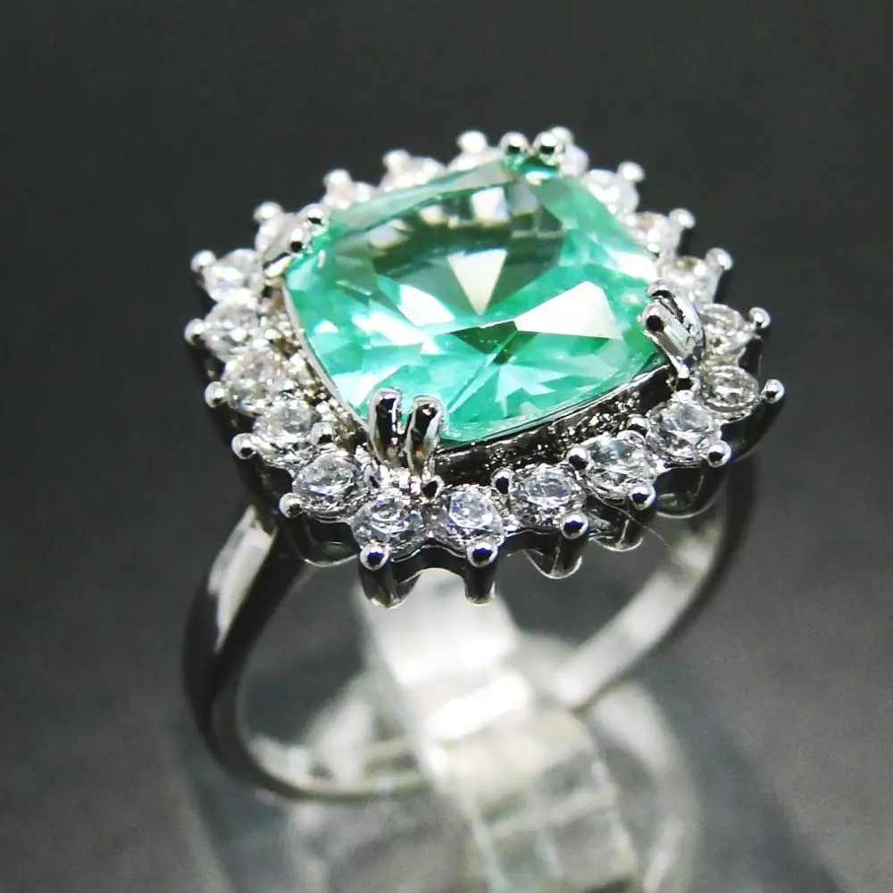 

Sterling Silver Cushion Cut Green Spinel Engagement Rings With Cubic Zircon Synthetic Gemstone Fine Jewelry