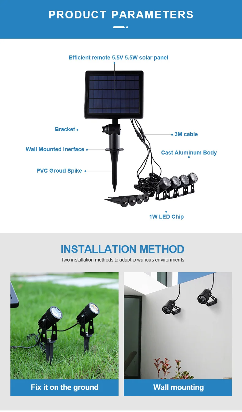 High Power 2W Warm White/RGB/Green Aluminum Outdoor Wall Mounted Led Solar Garden Spot Light For Tree Billboard Bridge Pier