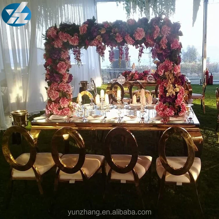 
Gold Stainless Steel Frame Mirror Glass Top Banquet Table 