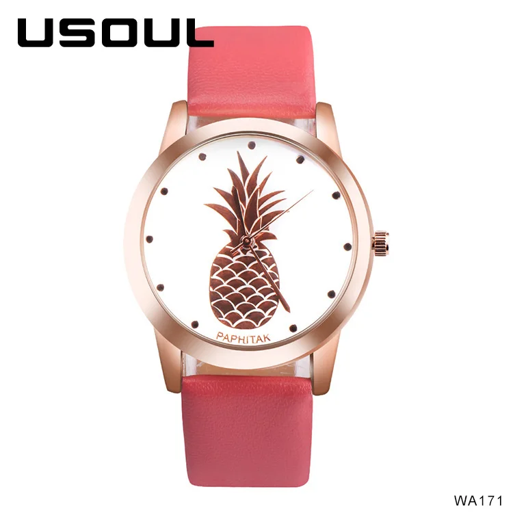 

Usoul Brand Women Stylish Beautiful Pineapple Design Alloy Case PU Leather Strap Quartz OEM Wrist Ladies Watches, 16 colors