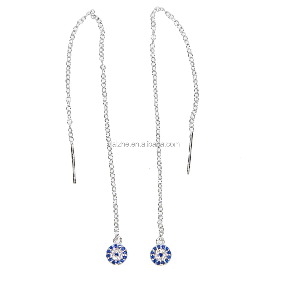 

2021 factory wholesale aaaa sapphire cz paved evil eye with long chain line earring in 925 silver dangle earring for women