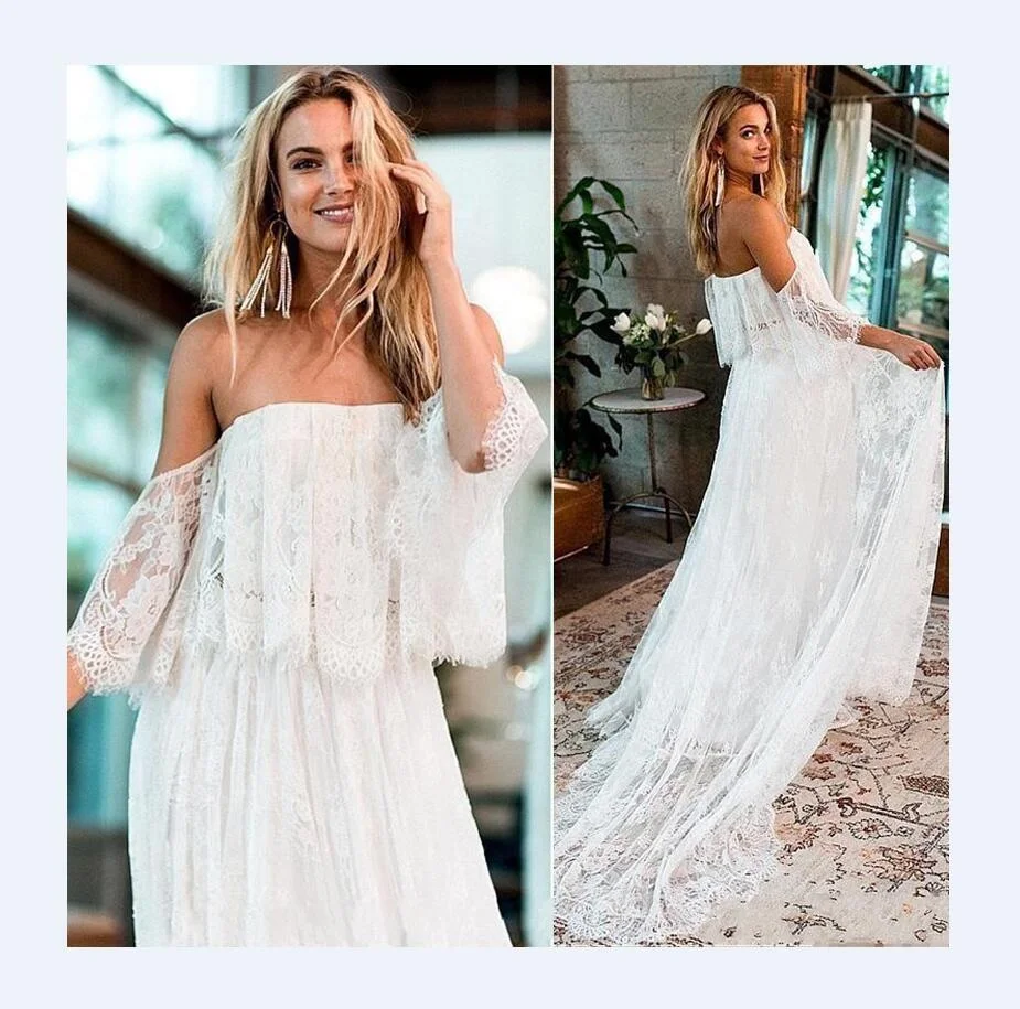 

Beach Style Off Shoulder Illusion Lace Applique Vintage Boho Wedding Dress, White/ivory