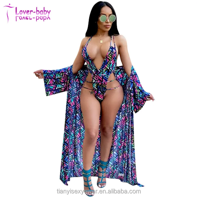 

High Quality Print Halter Cover Up One piece Swimwear 2 Piece Set