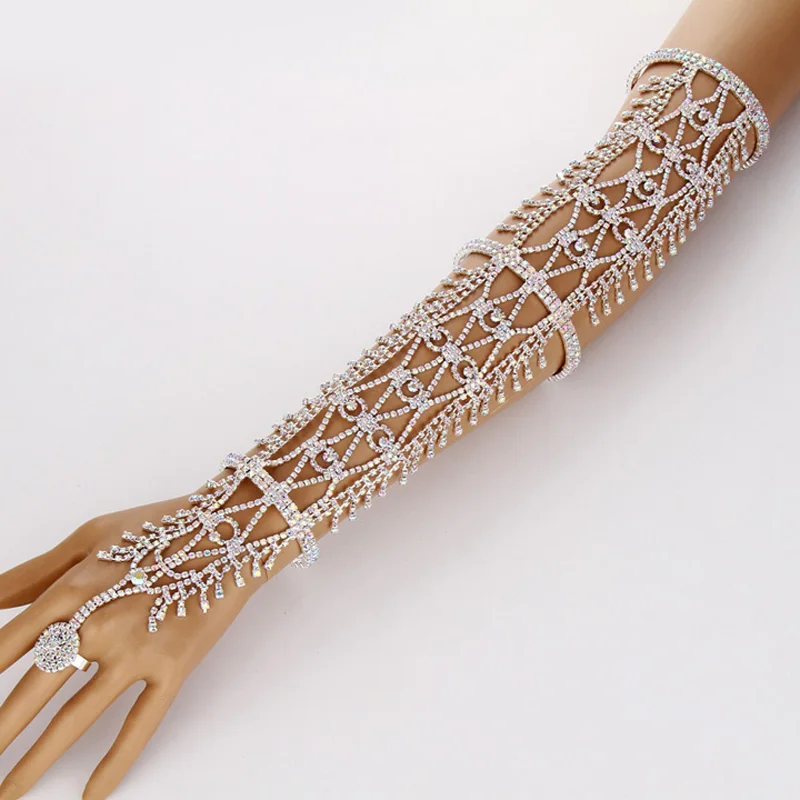 

Crystal rhinestone arm hand chain cuff ring copper bracelet, As picture