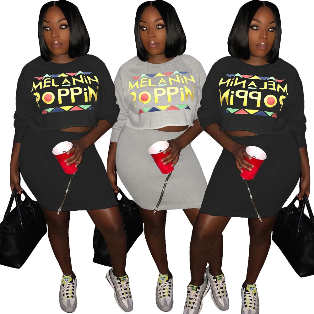 SAD9064 letter printing long sleeve crop top and zipper decorated mini skirt two piece set autumn plus size women clothing