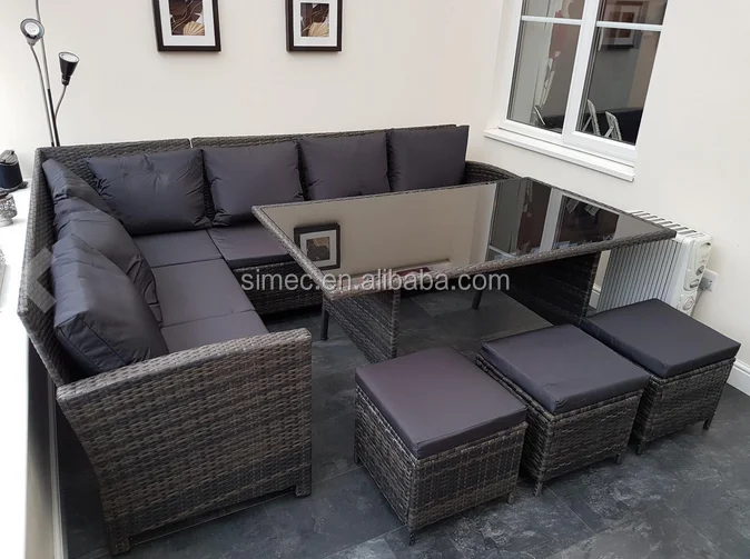 
aluminum frame PE rattan wicker outdoor L shape casual dining set 