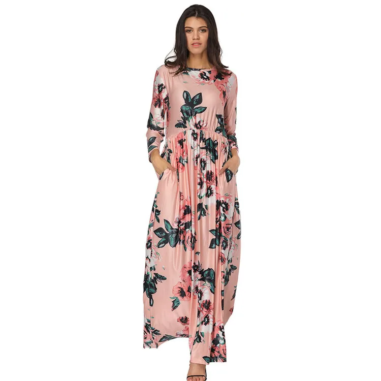 

Floral Long Sleeves Maxi Printed Fashion Lady Women Dress With Pocket