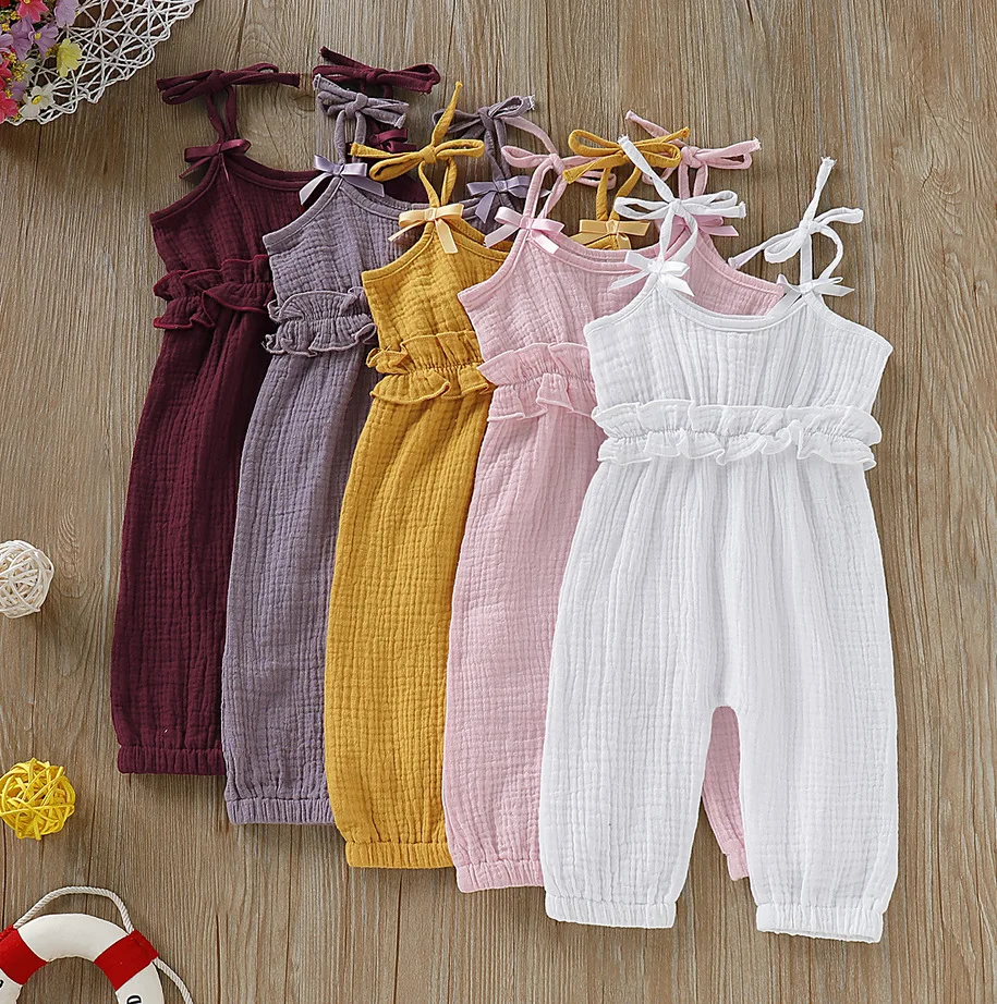 

Summer Baby Boys Girls Overalls with Lace Up Toddler Ruffle Solid Sling Pants Baby Romper Cute Infant Summer Clothing 5 Colors, As photos