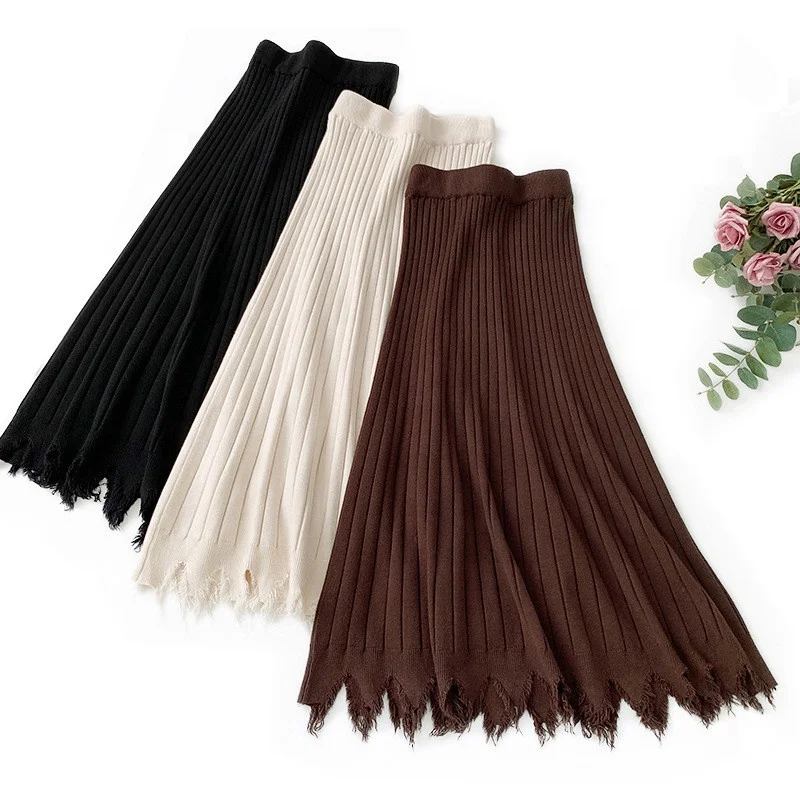 

B22248A New Korean knitted skirts Striped fringed a-line skirt