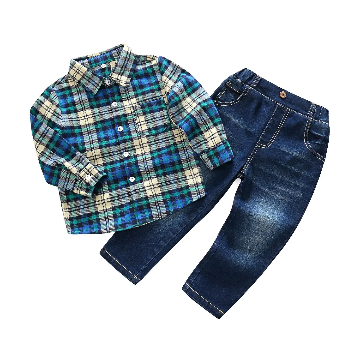 Baby Boys Gentleman Long Sleeves Plaid Woven Shirt+Jeans Two-Piece Set
