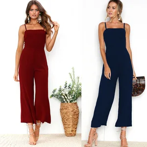 2019 women clothing solid color one word shoulder long jumpsuit snine points wide leg pants breathable jumpsuit 2