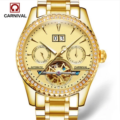 

Gold / Blue / White Shining Bright Rhinestone Carnival Wristwatch 8731G Automatic Mechanical Men Tourbillon Watch