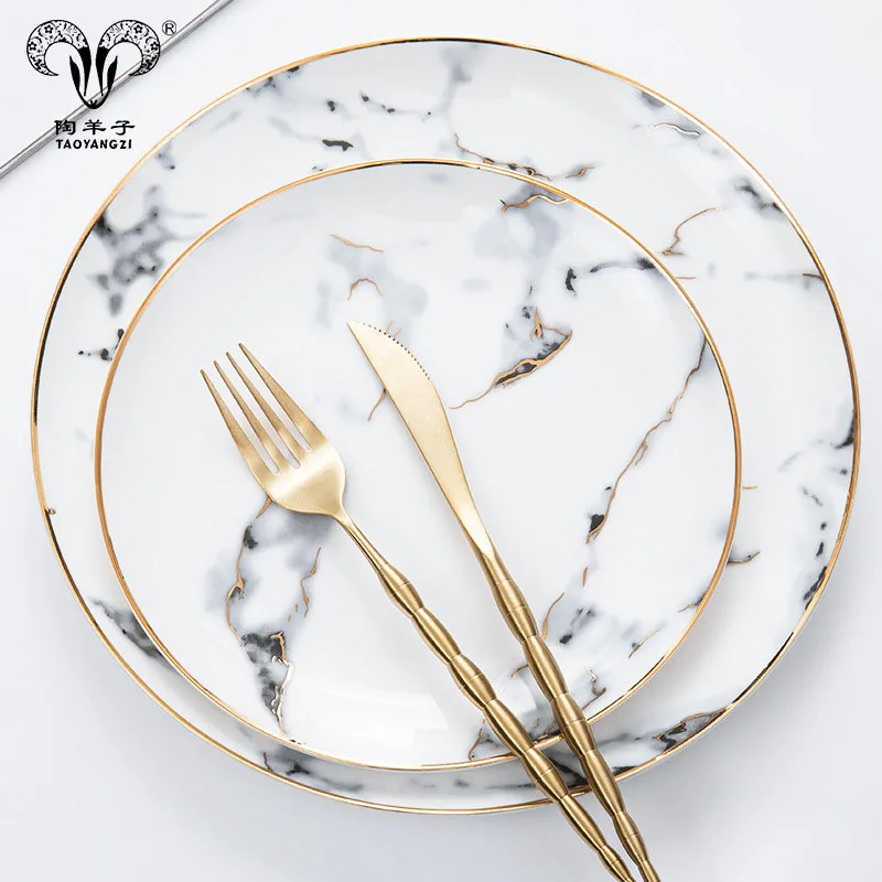 

Luxury elegant ceramic dinnerware Hihg quality Bone China God rim marble porcelain dinnerware, Gold rim dinner set