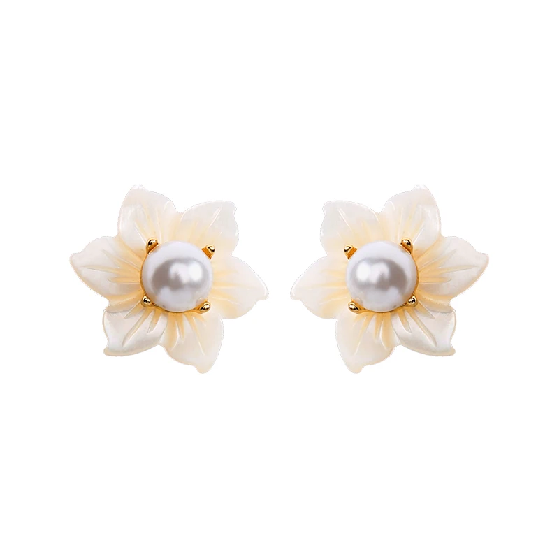 

ed01549d Ins Style Moda Trend Gold Plated Clear Prong Setting Shell Flower Pearl Stud Earrings for Beach Party