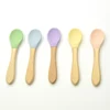 Silicone Baby Feeding Soup Spoon For Kids With Wood Handle