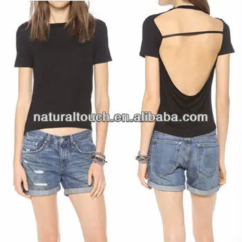 Boat Neck Backless Plain Half Sleeve T-shirt
