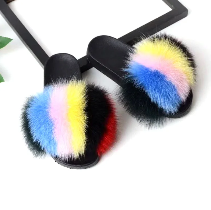 
Factory Direct Wholesale real brown fur slipper Soft fox Fur Slides slippers 