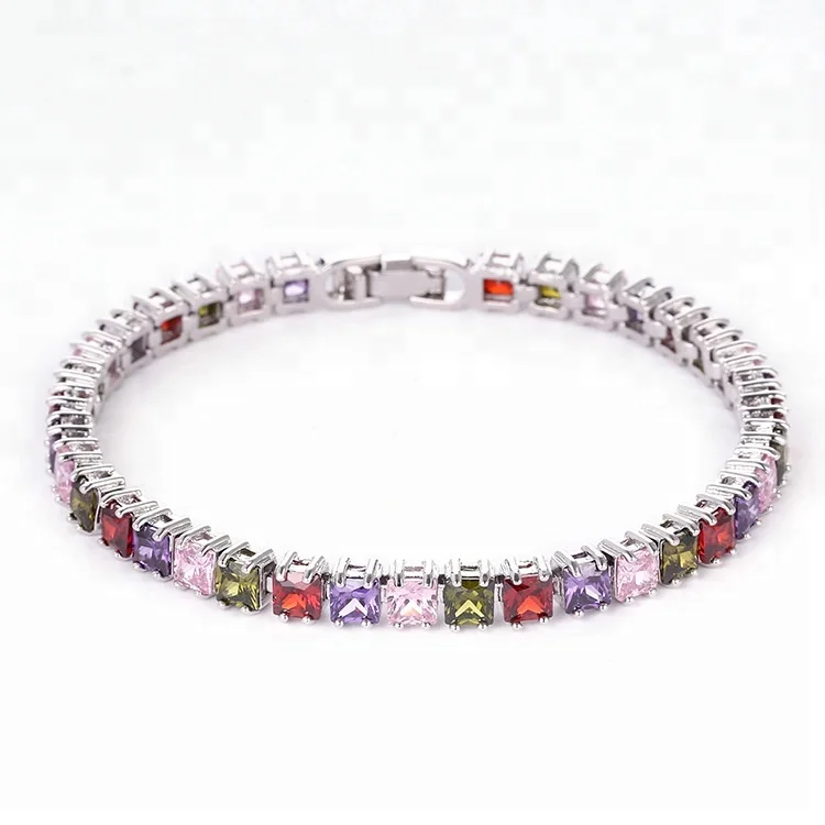 

A-AAA Cubic Ziconin Women Jewelry Wedding Square Diamond Bracelet, White, blue, purple, multi