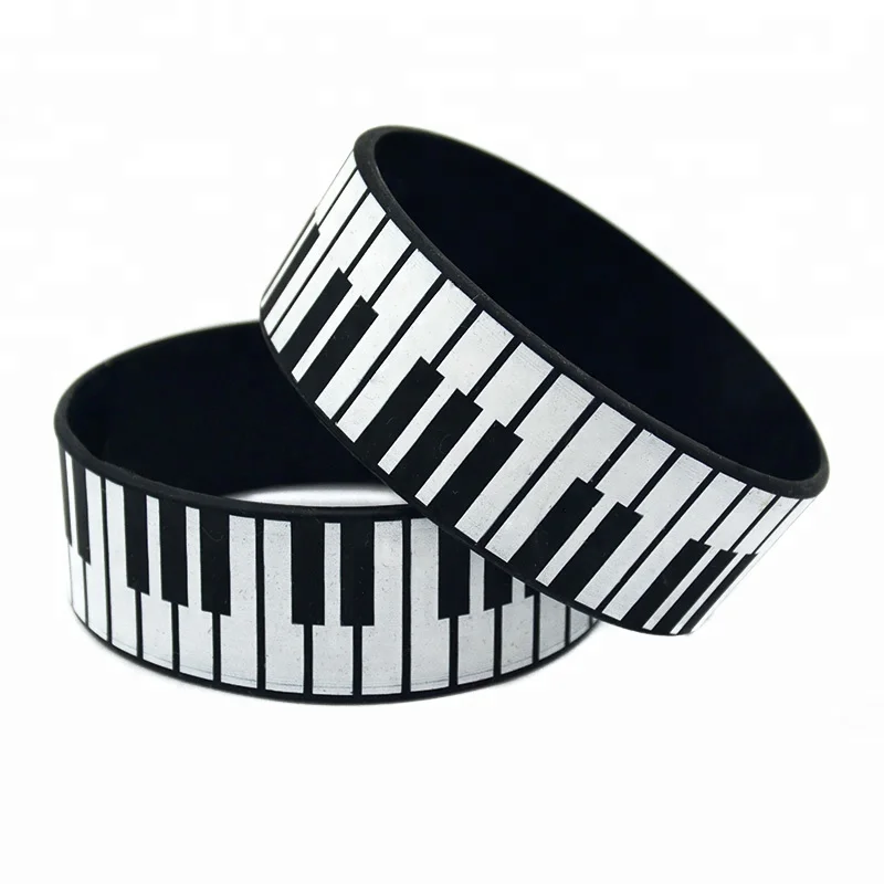 

25PCS/Lot 1 Inch Wide Printed Wristband Piano Keys Silicone Rubber Bracelet for Music Concert, Black