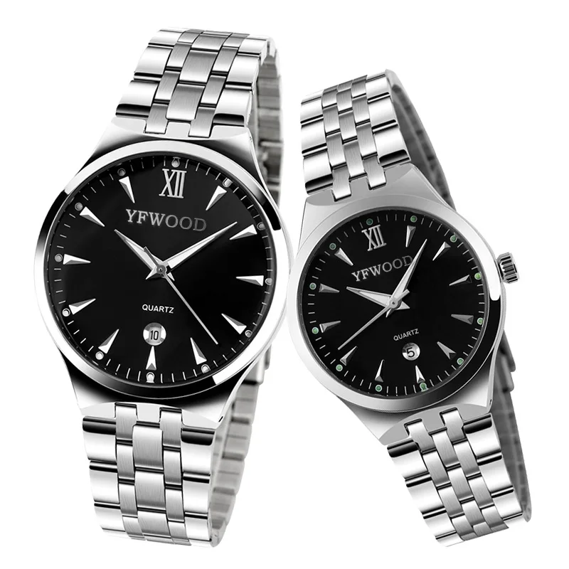 

YFWOOD loverly luminous watches crystal waterproof stainless steel couple wrist watches, Silver;black;blue;rose gold
