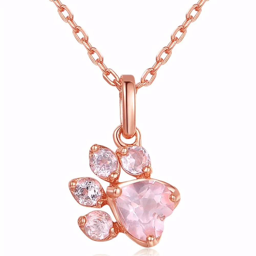 

New Arrival Cute Bear Paw Dog Cat Claw Rose Gold Pendant Necklace for Women Romantic Wedding Pink CZ Love Footprint Necklaces, N/a