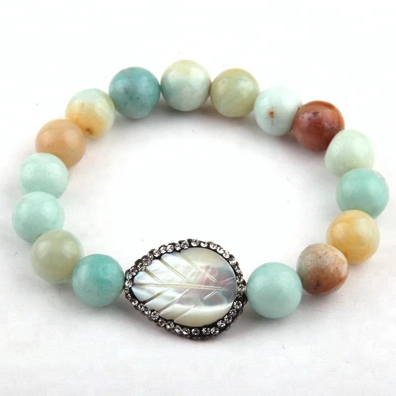 

Fashion 10mm Women Natural Amazonite Stone Bracelet Crystal Shell leaf Bracelet