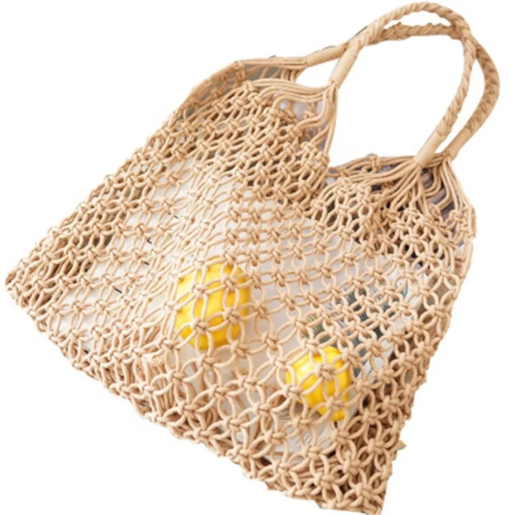 

Handmade Cotton Rope Knitted Crochet Rope Hollowed Out Straw Mesh Net Beach Bag